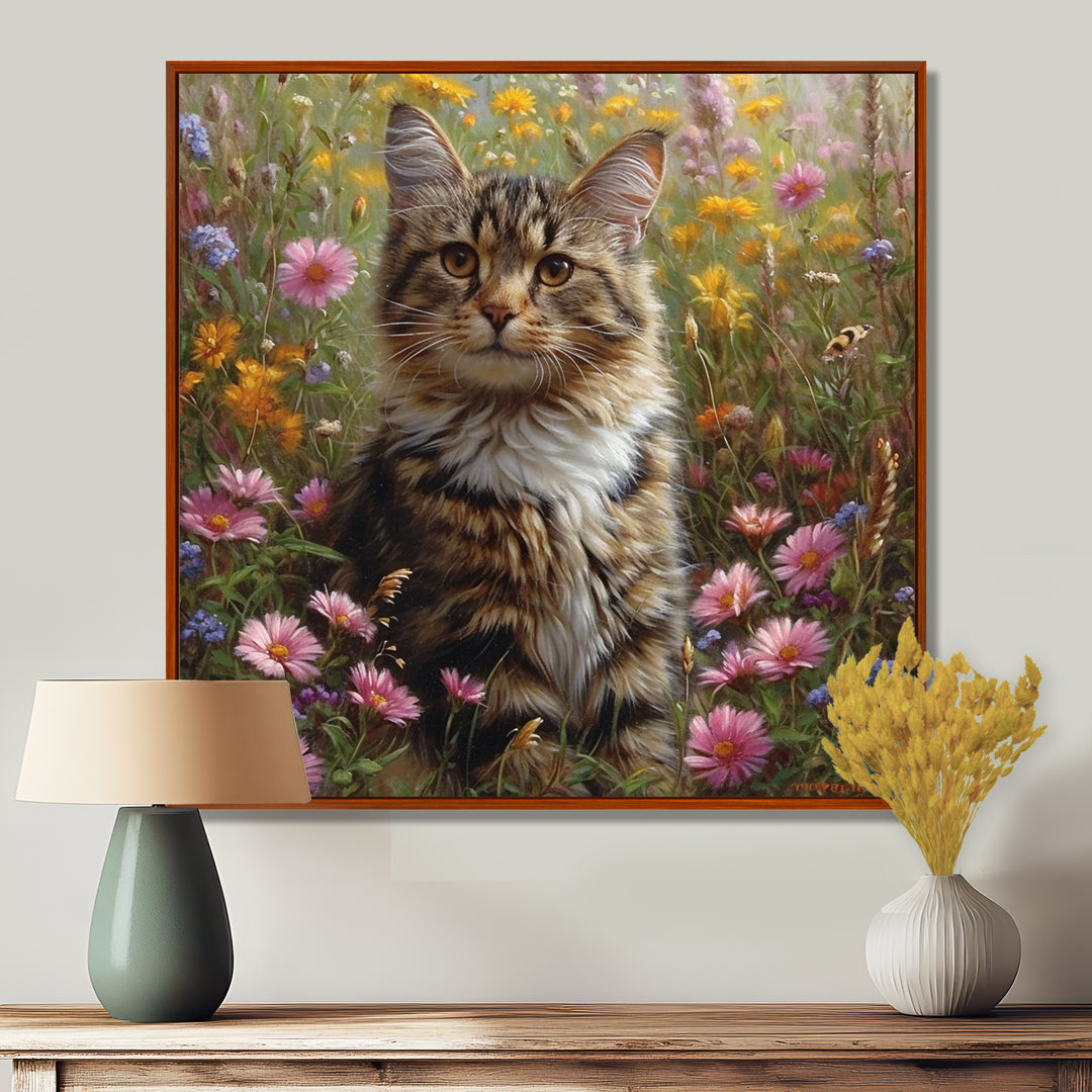 Cute Tiger Cat In Flower Field - Cat Home Decor Art