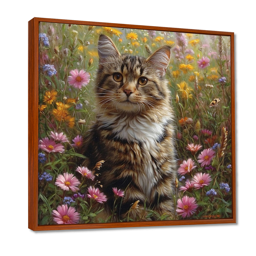 Cute Tiger Cat In Flower Field - Cat Home Decor Art