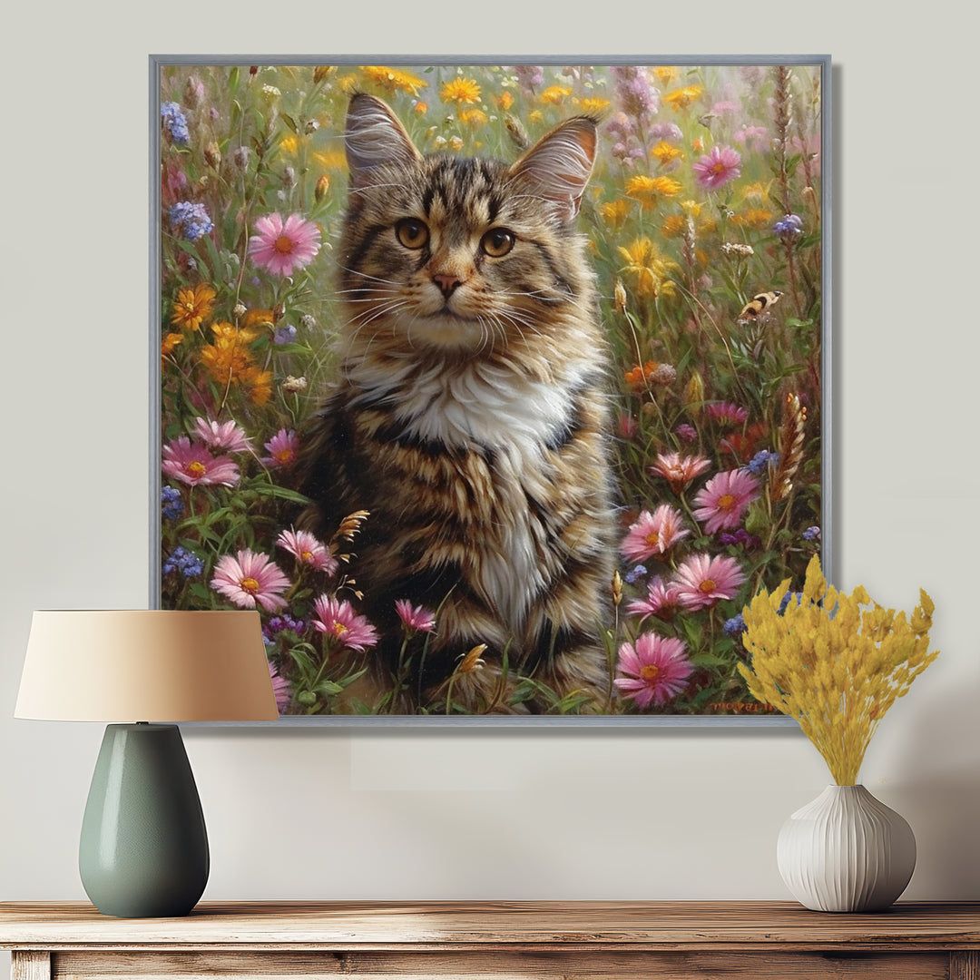 Cute Tiger Cat In Flower Field - Cat Home Decor Art