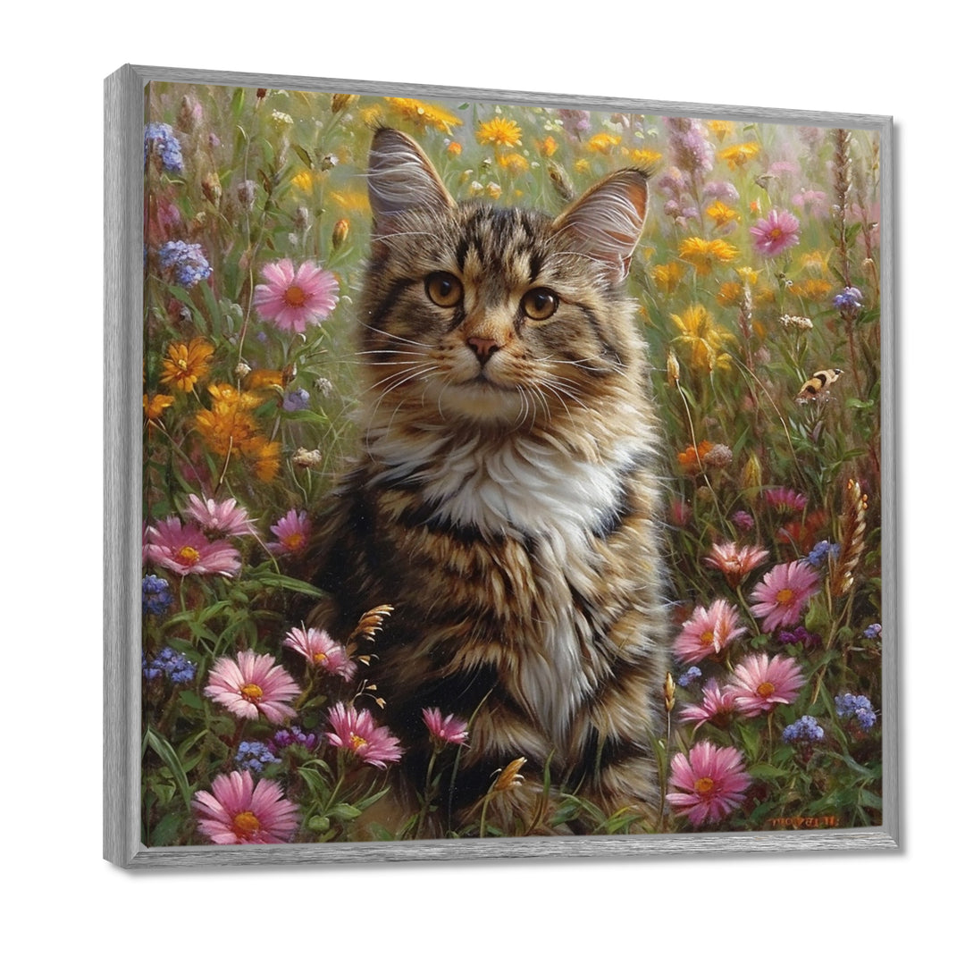 Cute Tiger Cat In Flower Field - Cat Home Decor Art