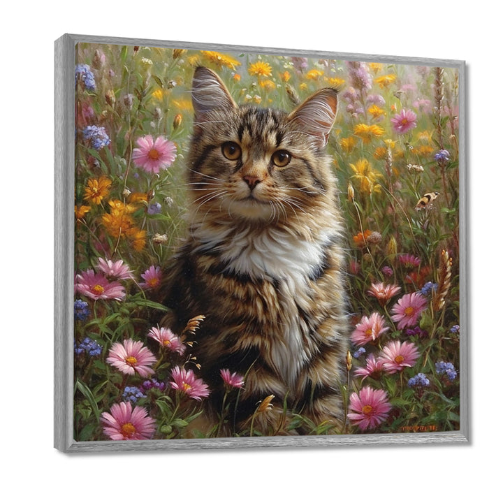 Cute Tiger Cat In Flower Field - Cat Home Decor Art