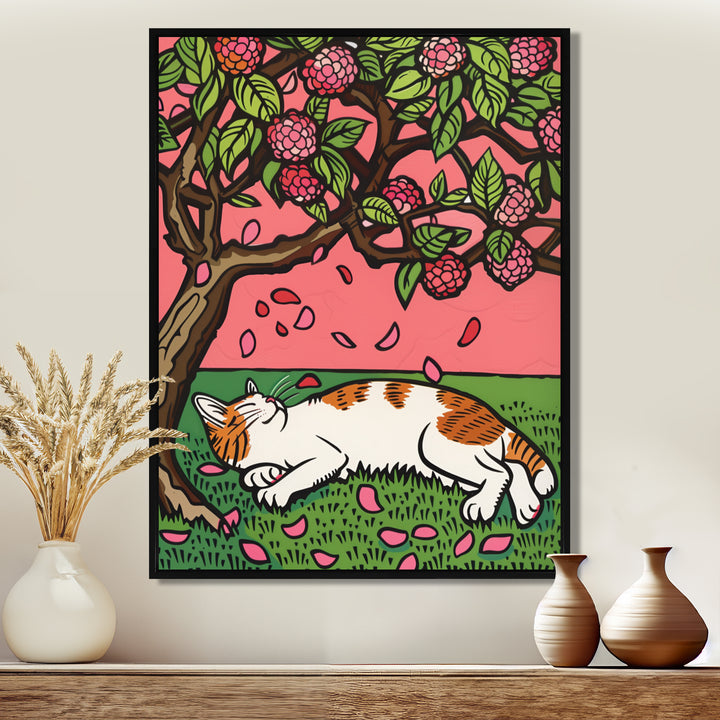Cat Sleeping Under Cherry Blossom Tree - Cat Wall Decor