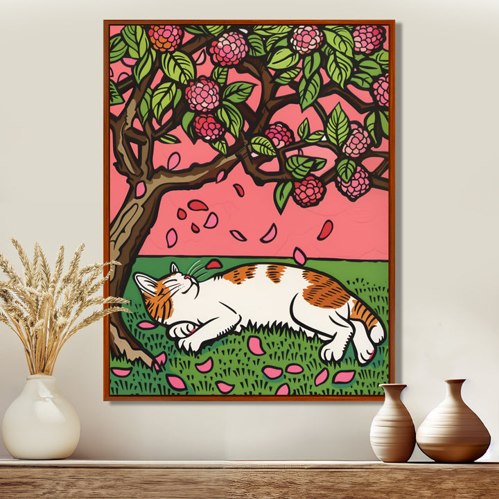 Cat Sleeping Under Cherry Blossom Tree - Cat Wall Decor
