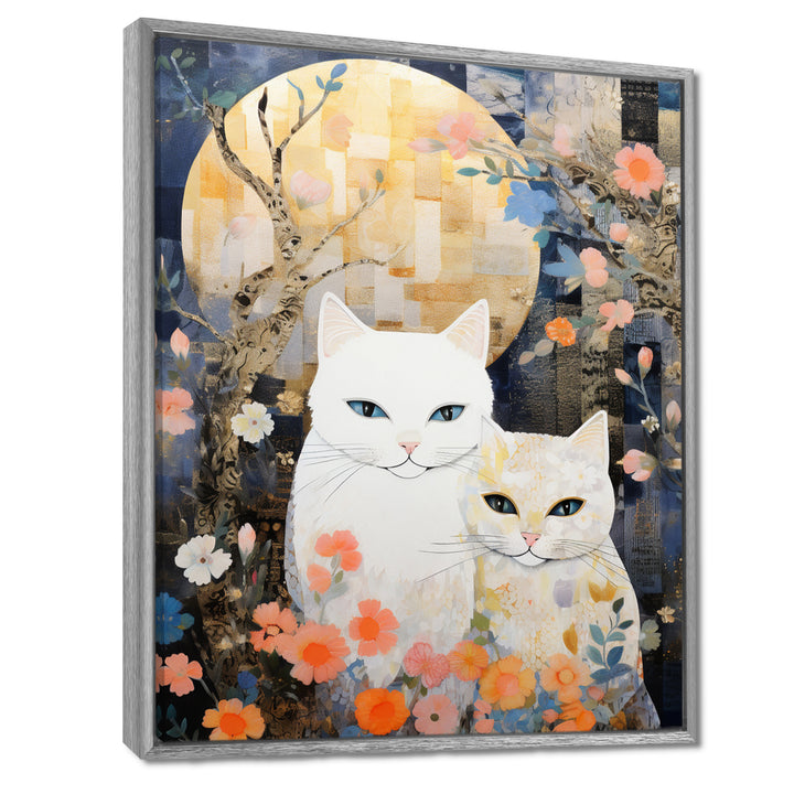Cute White Cats Flower Full Moon - White Cat Wall Art