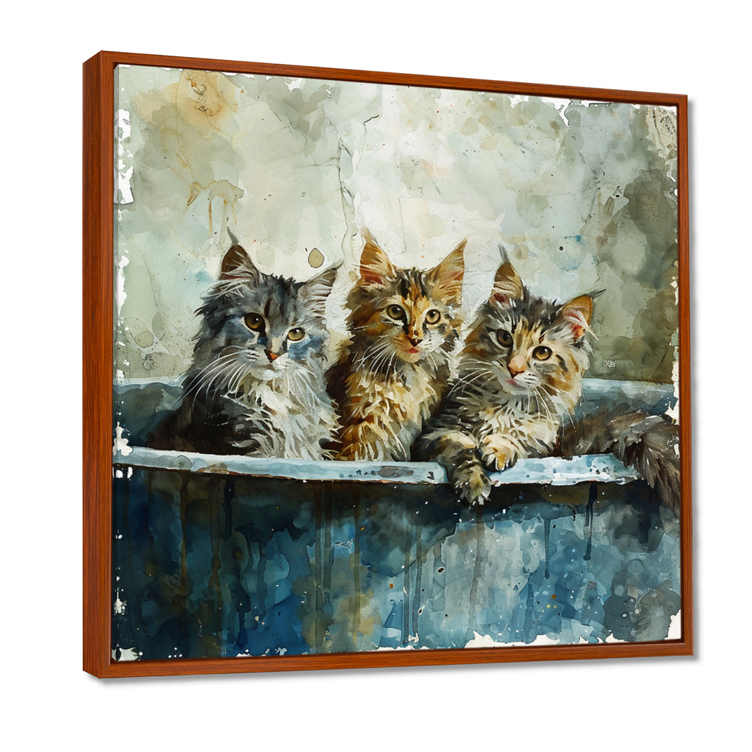 Three Cute Kitten In A Bathtub - Cat Bathroom Large Canvas Wall Art