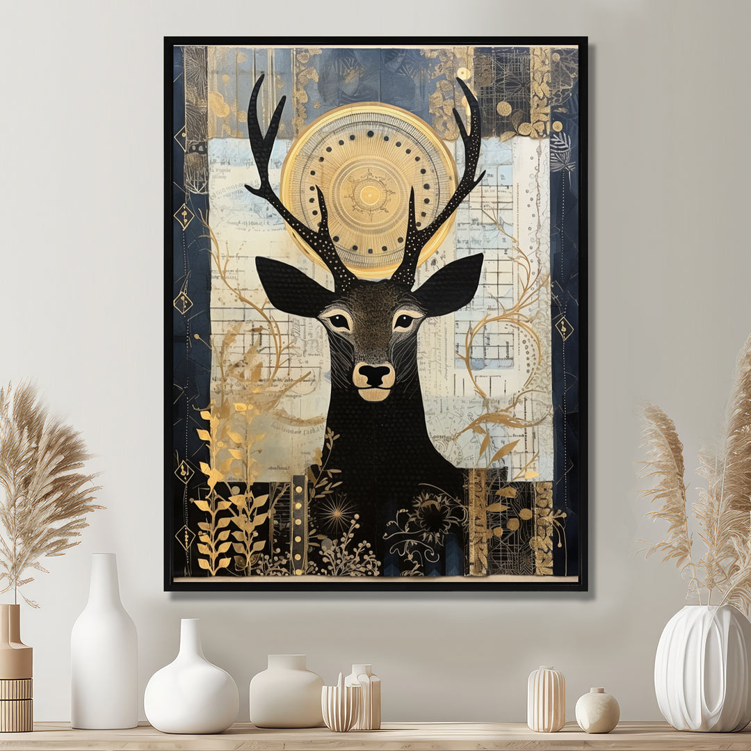 Deer Collage Botanical Gold - Deer Landscape Living Room Wall Art