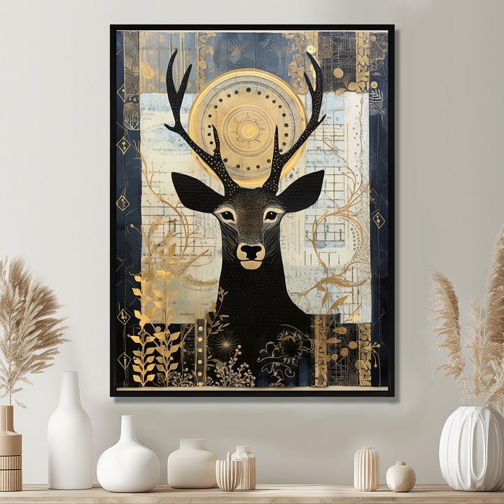 Deer Collage Botanical Gold - Deer Landscape Living Room Wall Art