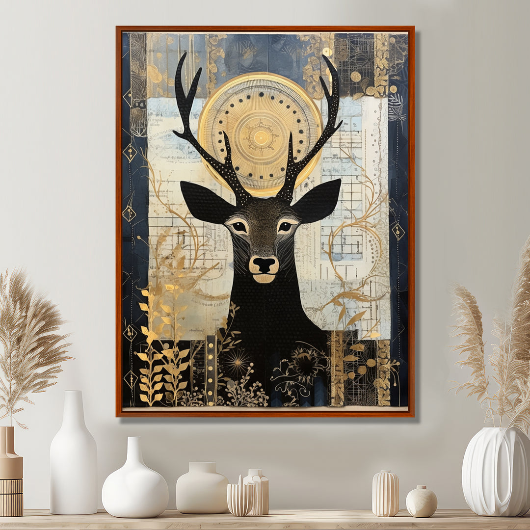 Deer Collage Botanical Gold - Deer Landscape Living Room Wall Art