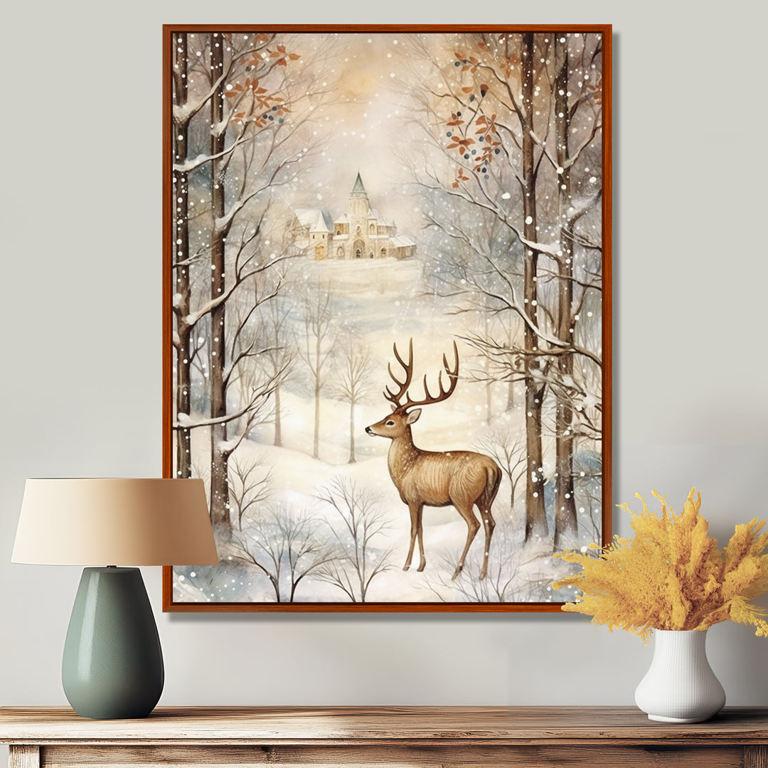 Christmas Deer In Winter Town Forest - Deer Landscape Bedroom Wall Art