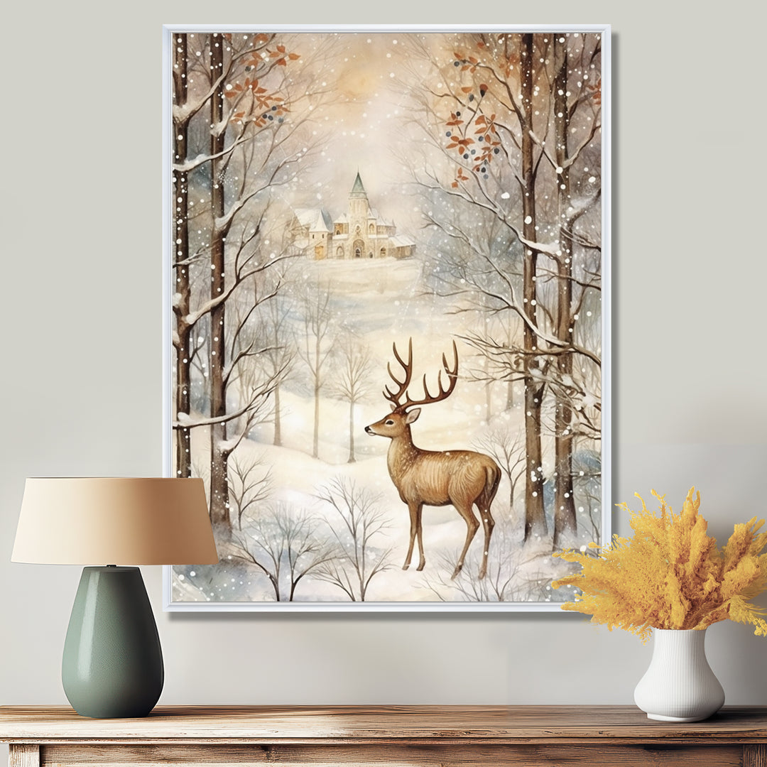 Christmas Deer In Winter Town Forest - Deer Landscape Bedroom Wall Art