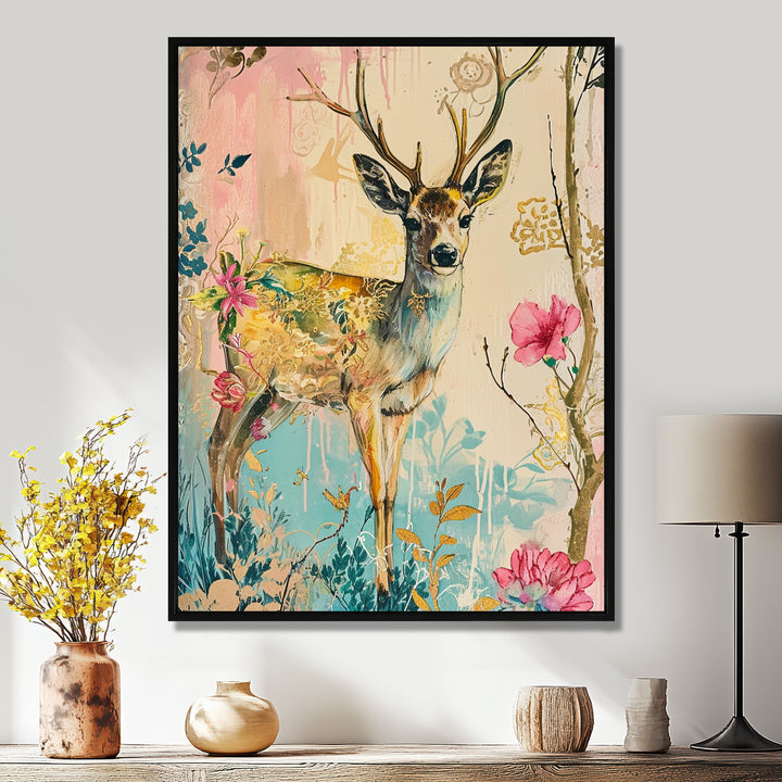 Vintage Boho Deer Flower Forest - Deer Canvas Wall Art
