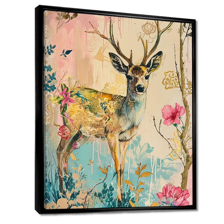 Vintage Boho Deer Flower Forest - Deer Canvas Wall Art