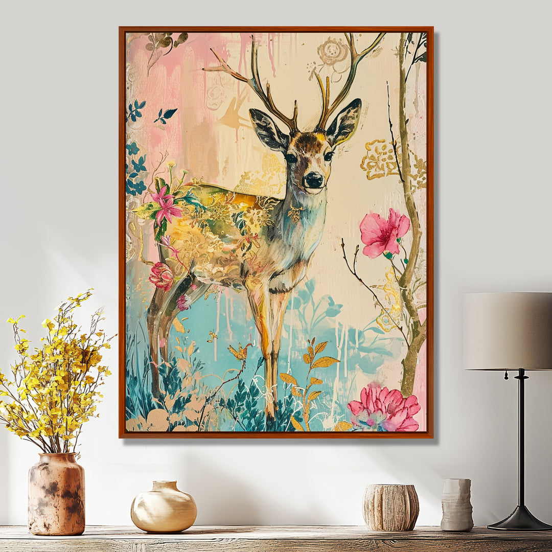 Vintage Boho Deer Flower Forest - Deer Canvas Wall Art