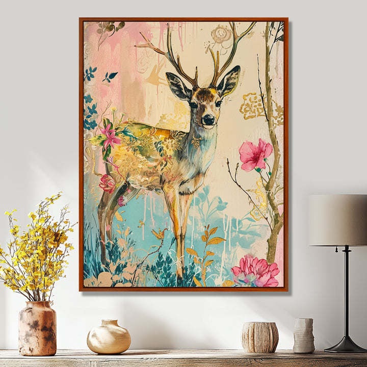 Vintage Boho Deer Flower Forest - Deer Canvas Wall Art