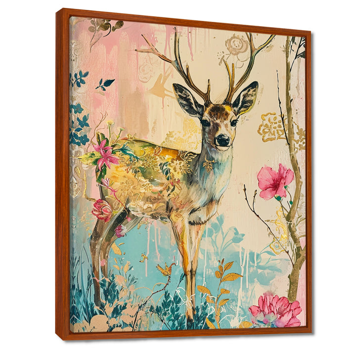 Vintage Boho Deer Flower Forest - Deer Canvas Wall Art