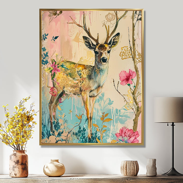 Vintage Boho Deer Flower Forest - Deer Canvas Wall Art