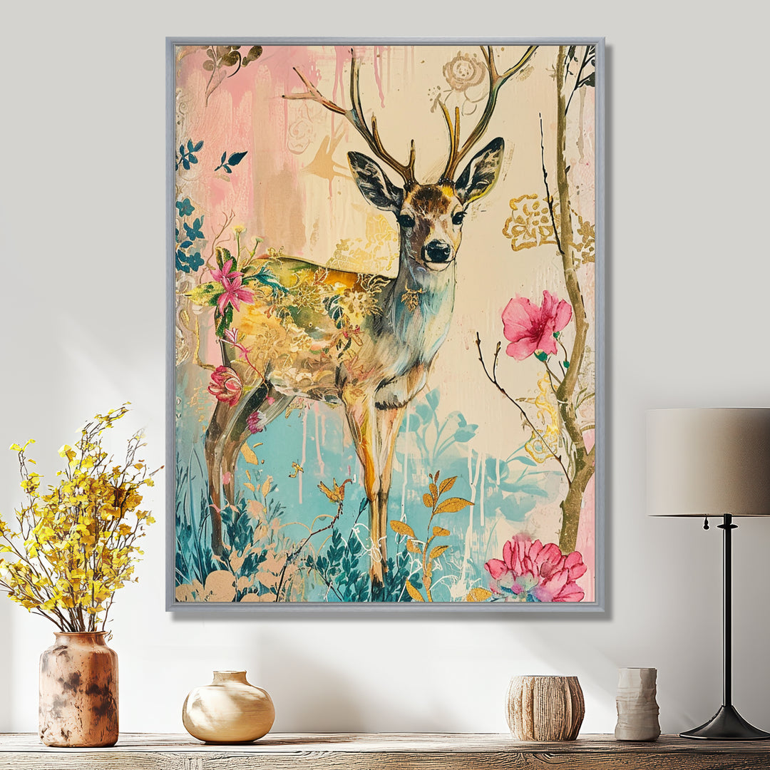 Vintage Boho Deer Flower Forest - Deer Canvas Wall Art