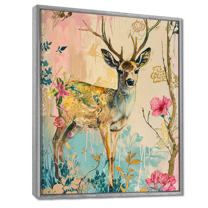 Vintage Boho Deer Flower Forest - Deer Canvas Wall Art
