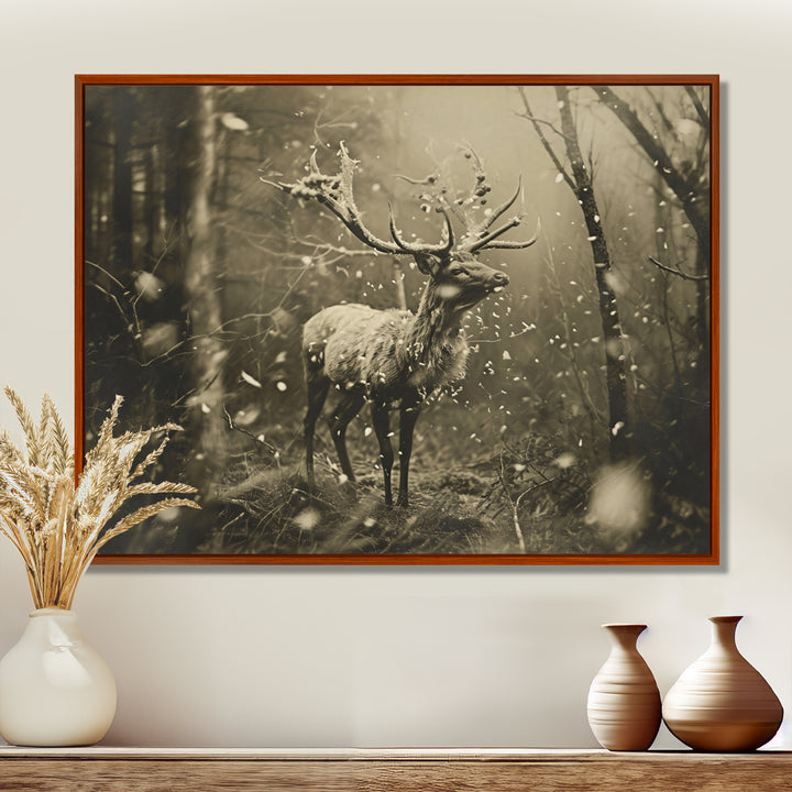 Wild Deer In Winter Forest - Deer Landscape Canvas Wall Art