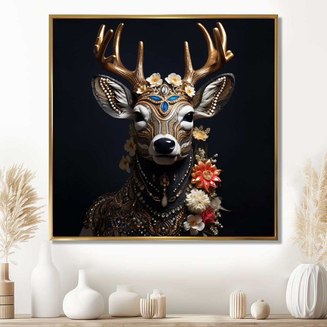 Glamorous Boho Deer With Flowers - Deer Wall Decor