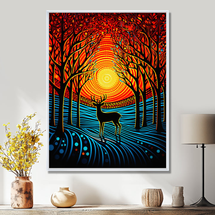 Christmas Deer In Winter Forest Sunset - Blue Deer Landscape Wall Art