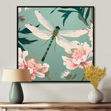 Retro Illustration Of Dragonfly Green Pink - Dragonfly Canvas Wall Art