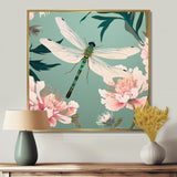 Retro Illustration Of Dragonfly Green Pink - Dragonfly Canvas Wall Art