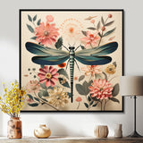 Vintage Illustration Of Dragonfly Green Pink - Dragonfly Canvas Wall Art