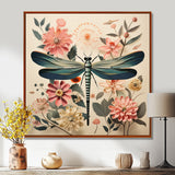 Vintage Illustration Of Dragonfly Green Pink - Dragonfly Canvas Wall Art