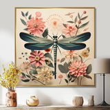 Vintage Illustration Of Dragonfly Green Pink - Dragonfly Canvas Wall Art