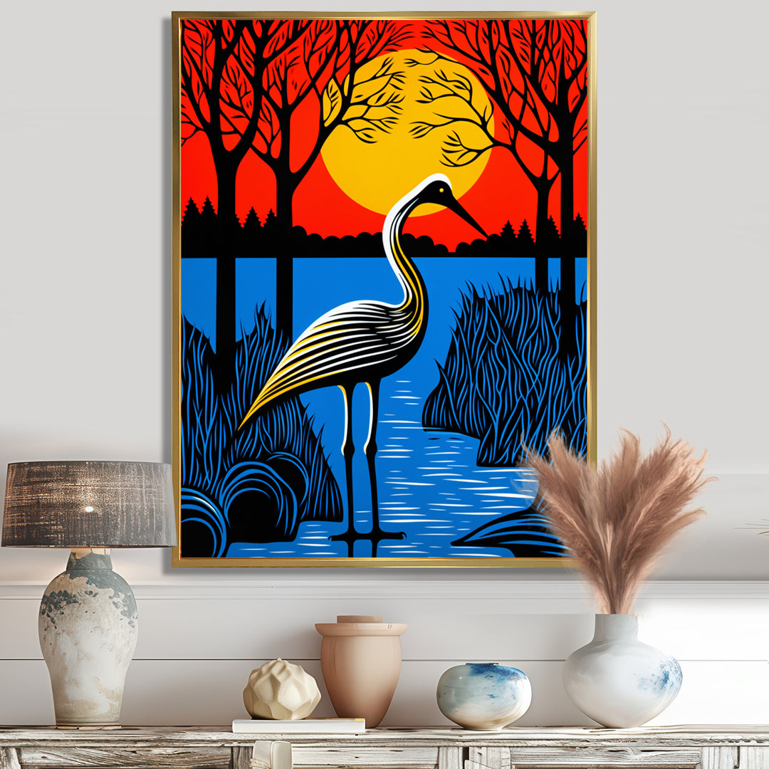 Stork By The Full Moon River - Pelican Canvas Wall Art