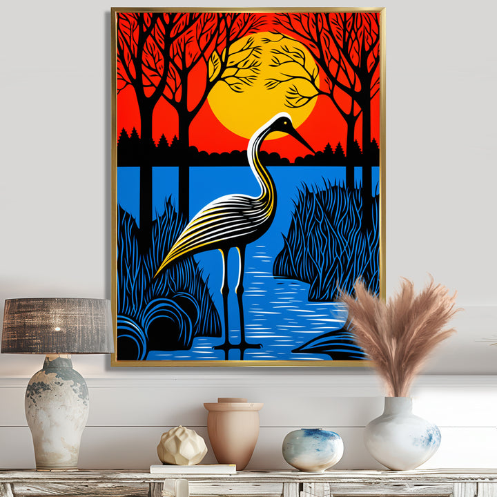 Stork By The Full Moon River - Pelican Canvas Wall Art
