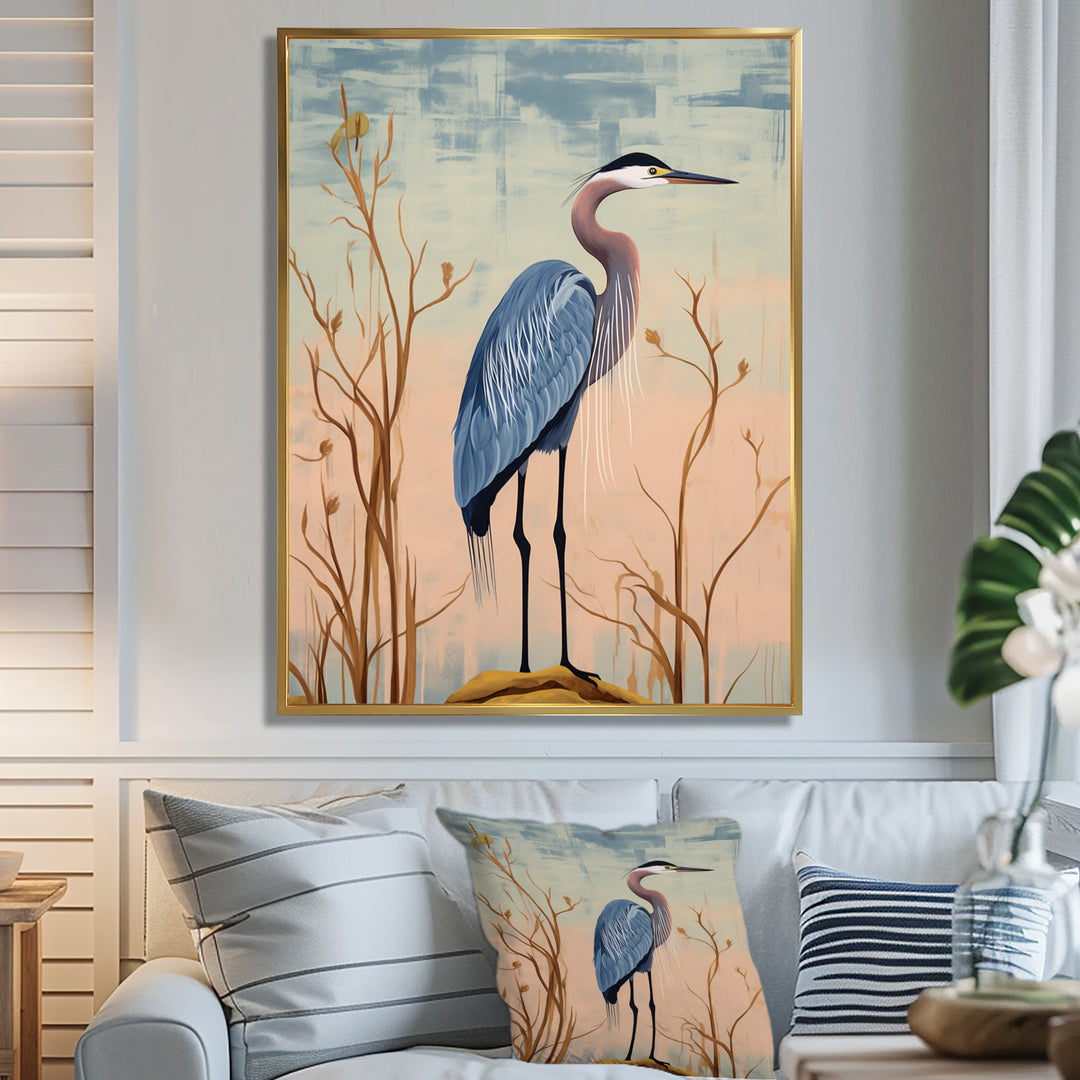 Blue Heron Pink Sky Retro Illustration - Blue Heron Wall Art