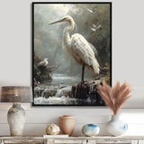 White Heron Looking For River Pray - Heron Framed Canvas Art