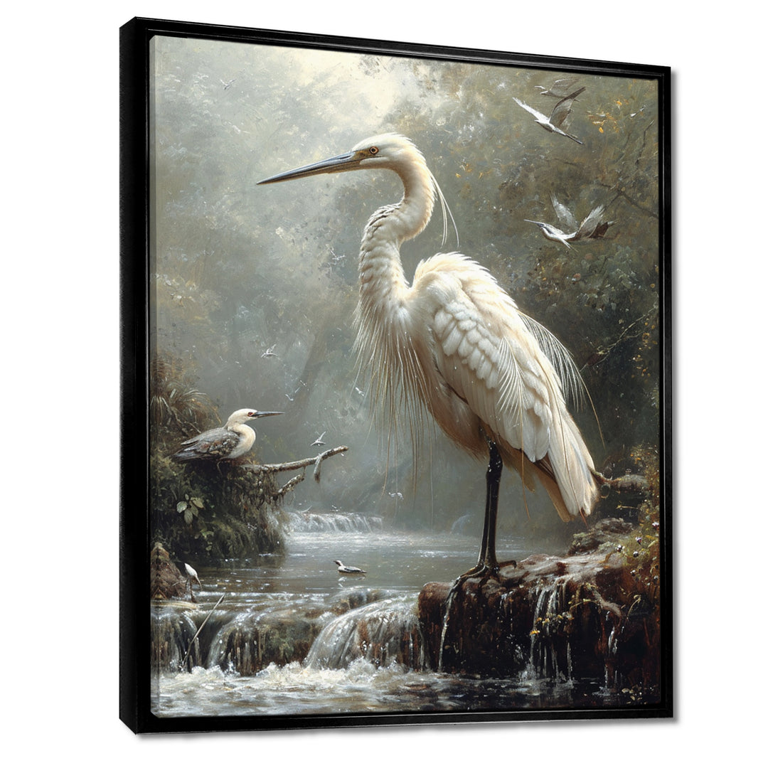White Heron Looking For River Pray - Heron Framed Canvas Art