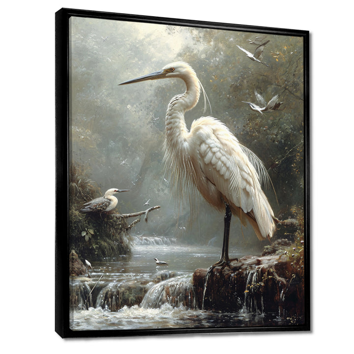 White Heron Looking For River Pray - Heron Framed Canvas Art