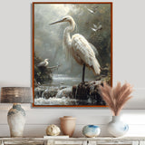 White Heron Looking For River Pray - Heron Framed Canvas Art
