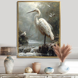 White Heron Looking For River Pray - Heron Framed Canvas Art