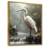 White Heron Looking For River Pray - Heron Framed Canvas Art