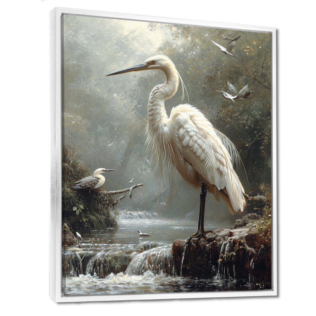 White Heron Looking For River Pray - Heron Framed Canvas Art