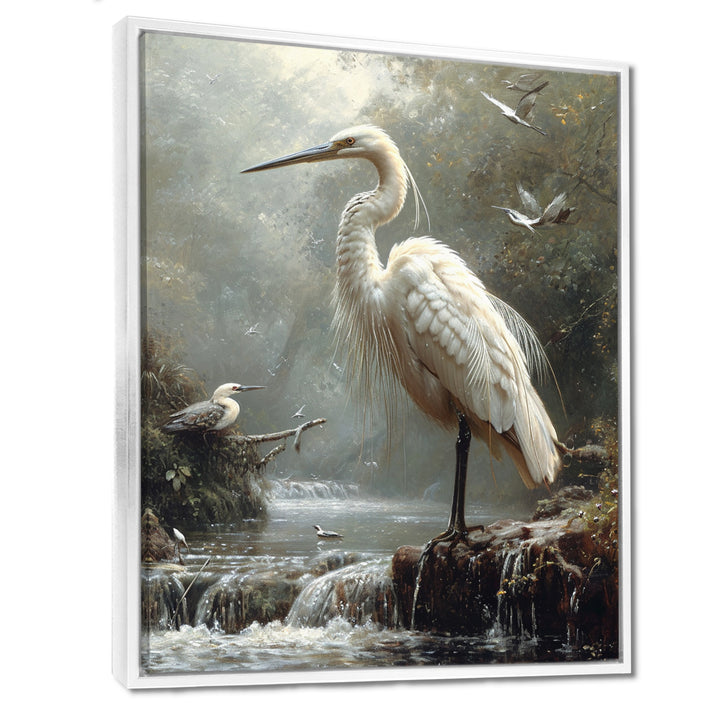 White Heron Looking For River Pray - Heron Framed Canvas Art