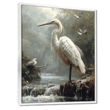 White Heron Looking For River Pray - Heron Framed Canvas Art