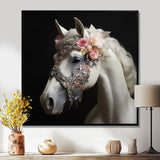 Glamorous White Horse With Pink Flowers - Horse Canvas Wall Art