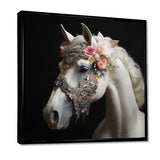 Glamorous White Horse With Pink Flowers - Horse Canvas Wall Art