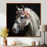 Glamorous White Horse With Pink Flowers - Horse Canvas Wall Art