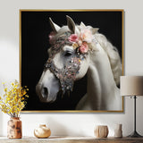 Glamorous White Horse With Pink Flowers - Horse Canvas Wall Art