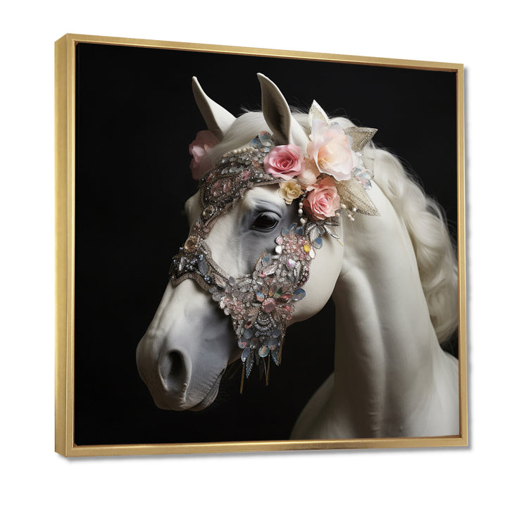 Glamorous White Horse With Pink Flowers - Horse Canvas Wall Art