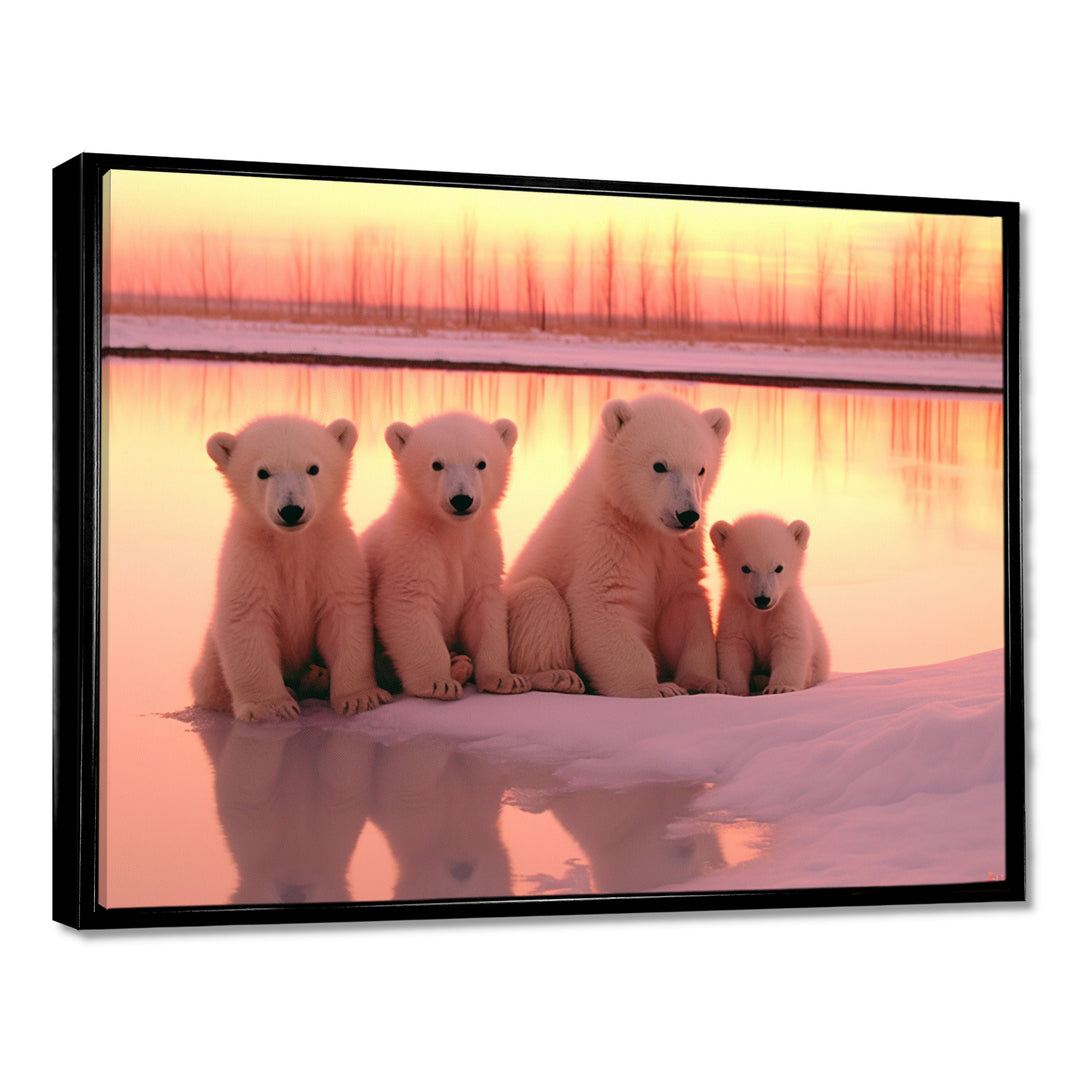 Four Adorable Polar Bears Pink Sunset - Bear Landscape Living Room Wall Art