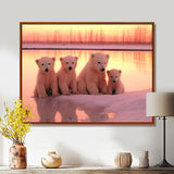 Four Adorable Polar Bears Pink Sunset - Bear Landscape Living Room Wall Art