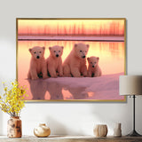 Four Adorable Polar Bears Pink Sunset - Bear Landscape Living Room Wall Art